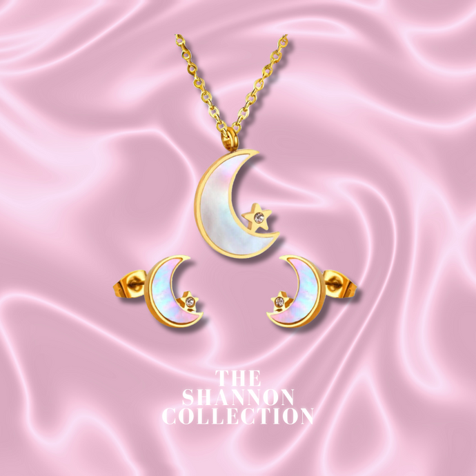 'FLORESCENT MOONLIGHT’ 18K GOLD PLATED STAINLESS STEEL NECKLACE & EARRING SET