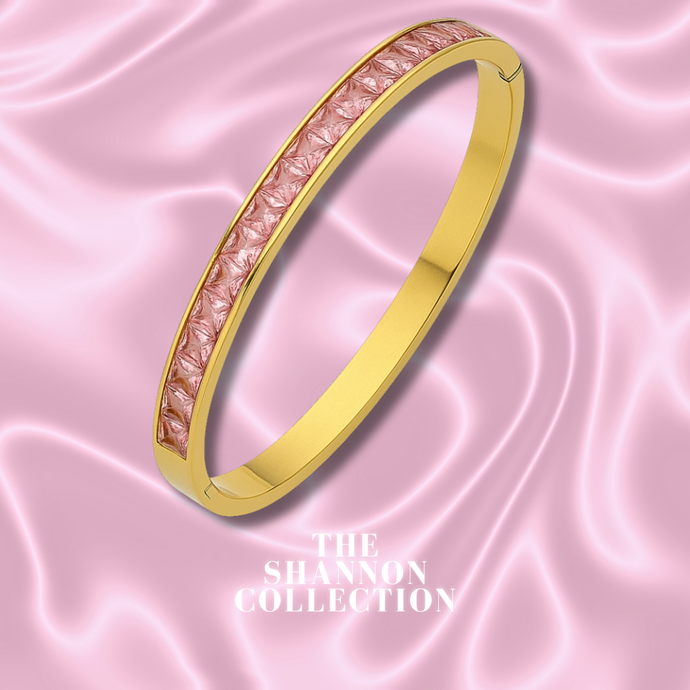 6MM PINK ‘ICE QUEEN’ 18K GOLD PLATED STAINLESS STEEL BANGLE BRACELET
