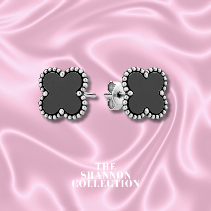 BLACK 'SINGLE CLOVER’ STAINLESS STEEL EARRINGS