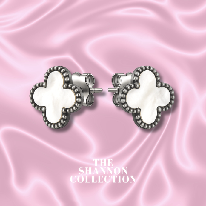 WHITE 'SINGLE CLOVER’ STAINLESS STEEL EARRINGS