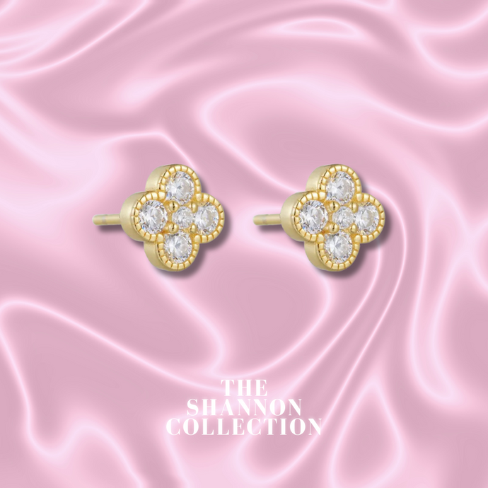 ‘DIAMANTÉ ENCRUSTED CLOVER’ 14K GOLD PLATED STERLING SILVER EARRINGS